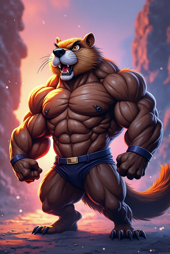A huge muscular grizzly bear, Ben Grimm, the thing from fantastic four marvel comics, blue competitive briefs, furious growling expression, powerful stance, anthropomorphic, hyperrealistic, cinematic lighting, vibrant colors, detailed brown-orange rock fur texture, photorealistic, dramatic shadows, 8k, best quality, masterpiece. "It's clobberin' time!"