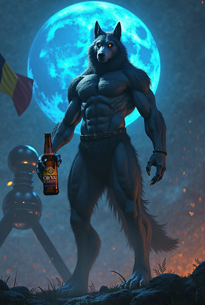 Movie poster, background yelow the black, Viking style werewolf, mouth showing fangs, hands are wolf claws, drinking energetic drink, Viking style tattoos on the body, leather equipment, highly detailed and intricate details, volumetric lighting, 4K rendering, ultra-realistic, realistic textures, erase the glass, erase the text