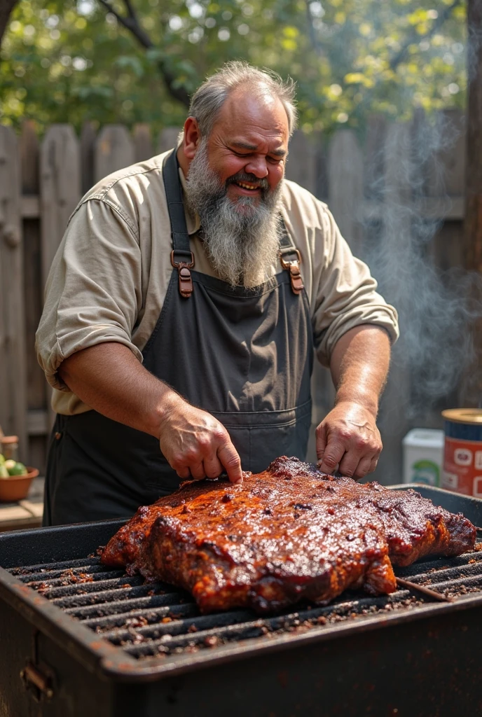 a fat and strong man, daddy style, vestindo um avental branco e segurando um espeto de BBQ, naked man, body covered in lots of hair, erect penis, ejaculating semen, Generic summer garden, green grass and white fences, BBQ
