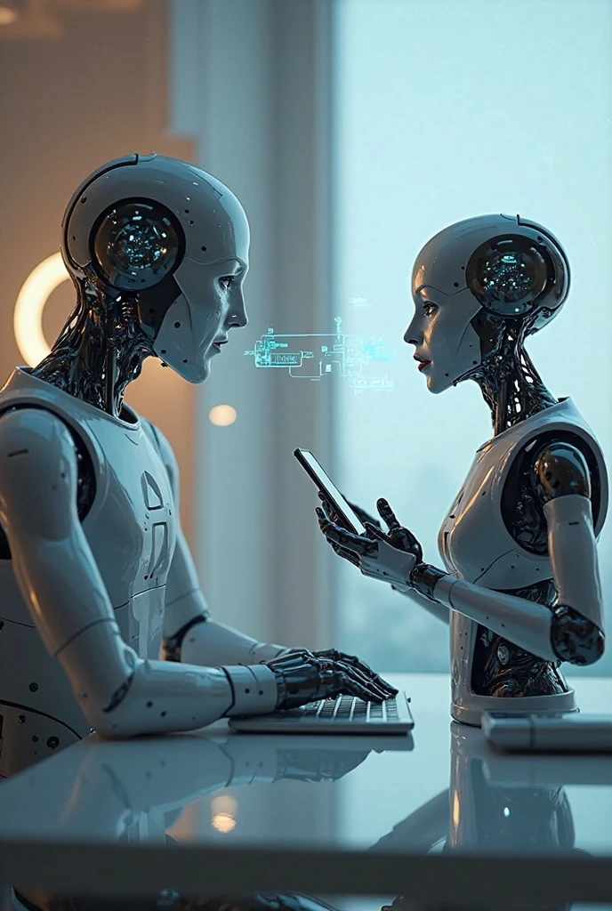 A computer talking to a phone - SeaArt AI