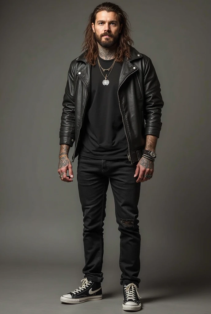 A 34-year-old man, a guy with a striking presence, lead singer of a punk rock band called Ovelhas Obesas. Ele tem cabelos curtos e escuros, usually messy, and a thick beard that complements his laid-back style. He is a man of medium height, but his posture and energy on stage make him seem bigger than he really is. With a robust body, he doesn&#39;t care about conventional appearance standards, which reflects the band&#39;s attitude of breaking norms and being authentic. He wears old band t-shirts, worn leather jackets, and ripped jeans. Nos shows, he often wears accessories like leather bracelets and chains, and likes to play barefoot, which became one of his trademarks.