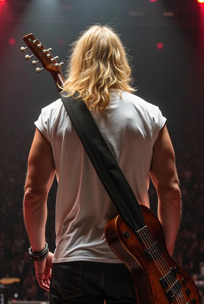 Caucasian man with long blonde hair with blue highlights, slim but defined body. Shirtless and with tattoos all over his body playing drums at a show full of fans.