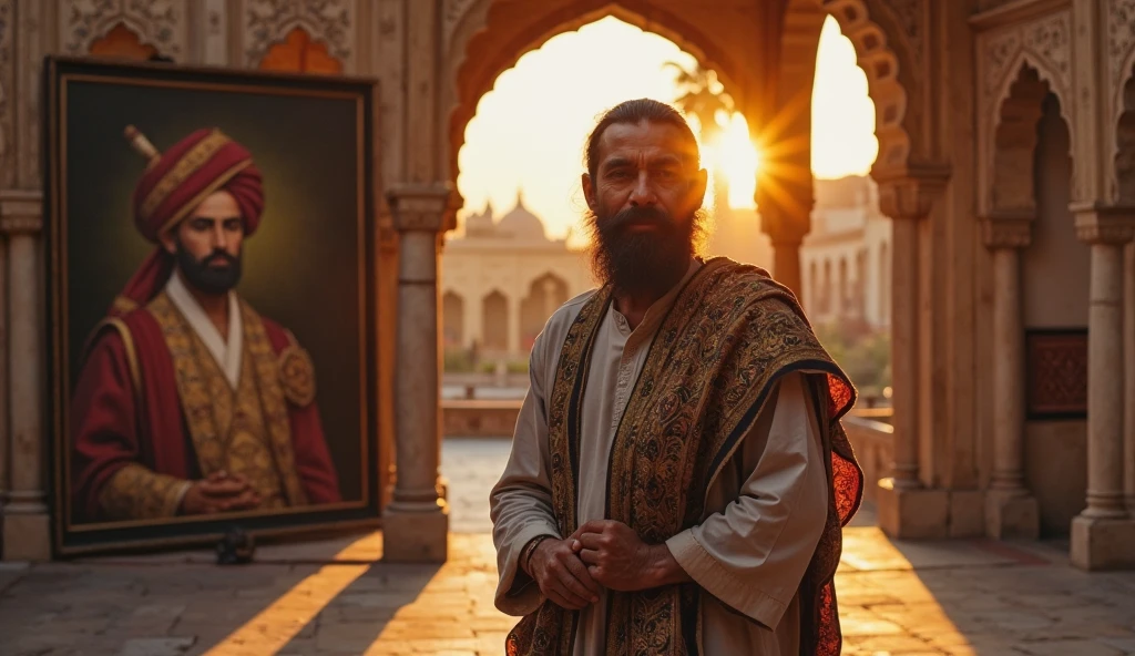 A majestic portrait of Emperor Akbar looking over a modern cityscape from a historical monument, as if watching over the people. The city below should show people of different faiths living and working together in harmony, symbolizing Akbar's enduring legacy. The sky above could have a soft golden hue, representing the inspiration drawn from his vision.