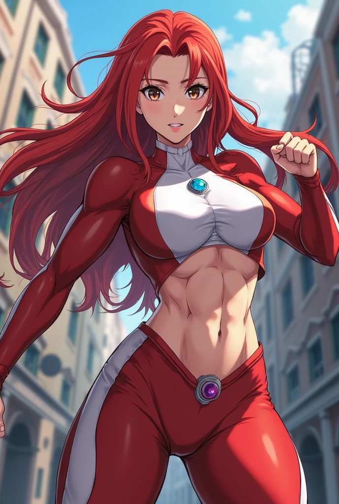 Attractive red hair and red eyes female superhero wearing wrestler costume, high strength, fury, big muscle, beauty and charming, anime art style, fantasy.