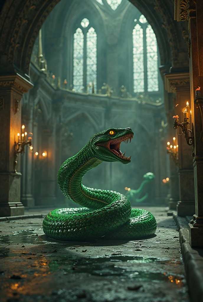 A sinister throne adorned with carved serpents, their eyes made of gleaming emeralds. The armrests are fashioned to resemble coiled vipers, ready to strike. The backrest is high and elegantly curved, covered in dark, scaled leather. The throne is set in a dimly lit chamber with stone walls covered in ancient snake motifs and flickering torchlight casting eerie shadows.