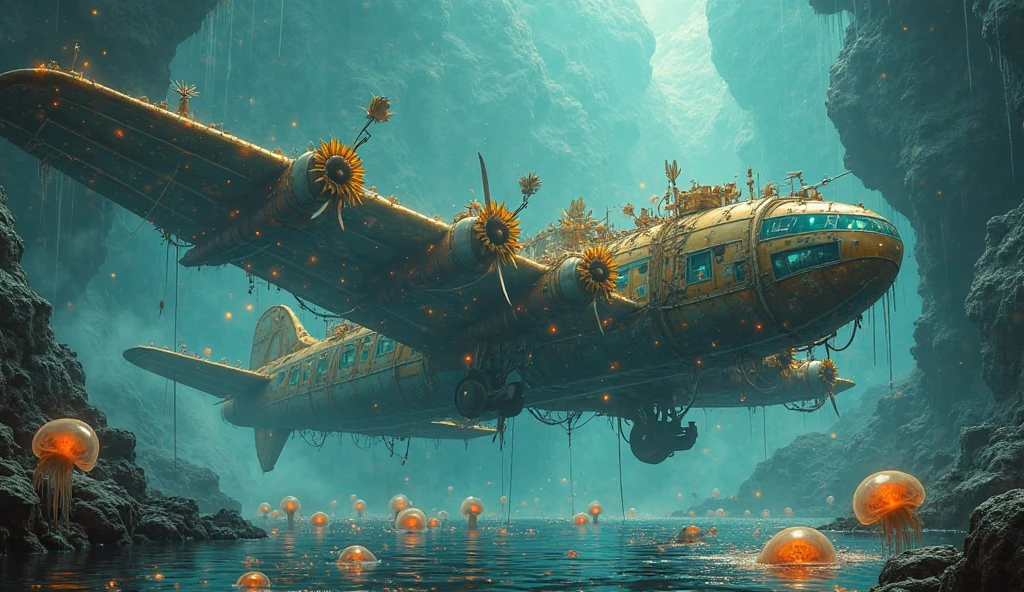 A colossal steam-powered seaplane, festooned with shimmering seashells and brass sunflowers, struggles against an iridescent dust storm on the surface of a vast, subterranean phosphorescent lake populated by bioluminescent jellyfish the size of houses. Art Deco style, dramatic lighting, hyperrealistic detail, 16K resolution.