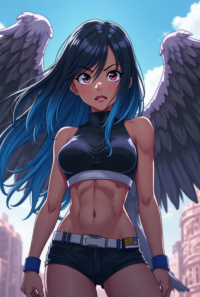 1girl, highres, sharp focus, pixiv masterpiece, ((intricate details)), highly detailed, one eye, detailed eyes black hair, fair skin, yellow eyes, sharp cat eyes, long hair, black angel wings, white horns Albedo, Albedo from overlord,costume: sportswear, leggings, sports bra, clothes in white and black colors with yellow details,joy ride style, ilya kuvshinov, Anime Moe Artstyle, Female anime character, Anime character,