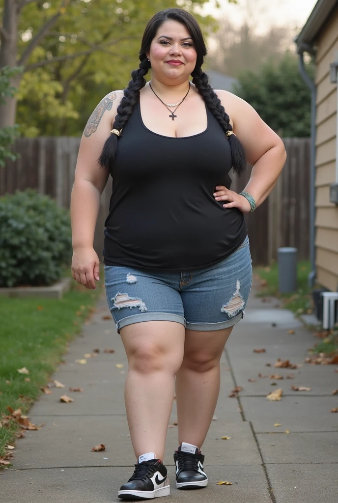 Full body shot of Betty and Veronica from Archie Comics. Curvy bodies with large breasts. Wearing skimpy tops and short shorts with high heel shoes. Standing outside of Riverdale High School