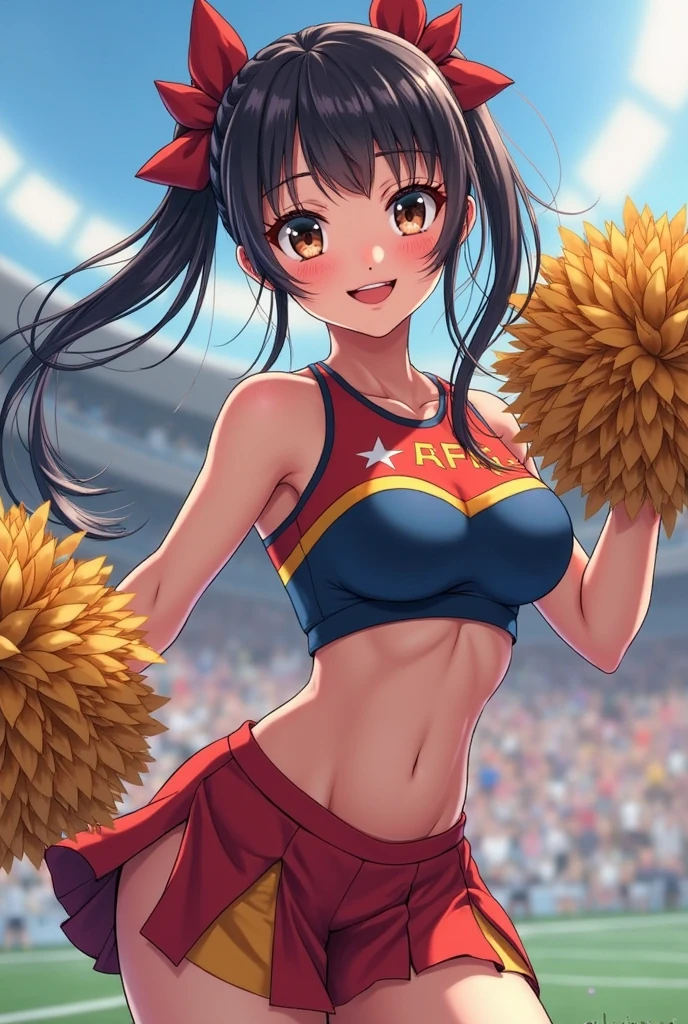 1girl, solo, dark skinned female, breast, wide hips, midriff, thick, curvy body, black hair, curly hair, twin hair buns, brown eyes, lips, cheerleader outfit, holding pom poms, (knee in the air), school field setting, arms in the air, smile, perspective, looking at viewer