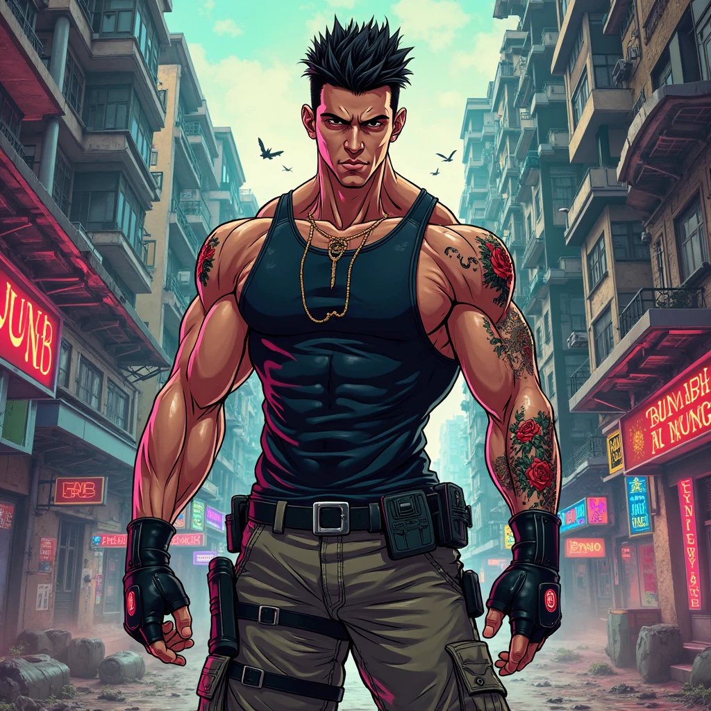 (1man:1.3),20-year-old,muscle,muscle man,(((male gender:1))),
(black hair,Wild Spike Black Saiyan hair),(((red_eyes:1.3))),intricate eyes,big pectorals,((muscle body,perfect anatomy))),(((dirty skin:1.5,lustrous skin:1.5,bright skin: 1.5,skin tanned,shiny skin,very shiny skin,shiny body,plastic glitter skin,exaggerated shiny skin,illuminated skin,wet legs))),(detailed body,toned athletic body),(detailed face)
serious and thoughtful man,(nsfw),
dirt smeared face,(((bare back and chest))),((wet clothes,dirty clothes,torn clothes)),
(dynamic pose:1.0),solo focus,(angry),(centered,scale to fit dimensions,Rule of thirds),
cyberpunk city by the ocean at night, with bright neon signs and dark stormy clouds and puddles, scenery:1.25,nighttime, starry night, cosmos,Very dark night that makes the neon lights stand out, very bright neon lights,nighttime, starry night, cosmos,
artistic photography,(photography taken by sldr),highres, sharp focus,(ultra detailed, extremely detailed), (photorealistic artwork:1.37),(extremely detailed CG unity 8k wallpaper),((synthwave background theme)),(((vibrant colors))),intricate,(intricate background),(masterpiece),(best quality),photo realistic,analog style,((intricate detail)),(((realism))),