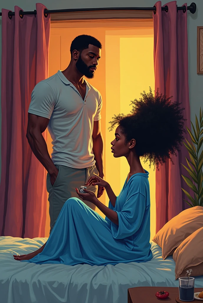 Drawing of a gorgeous black man and a brunette black woman with medium straight hair and wears glasses, detalhamento manual, detalhamento do dedo, detalhamento facial, sentado na cama, Charlie Bowater e Artgeem, He holds her in his arms, Enquanto ela dorme, inspirado em Magali Villeneuve, Edmund Blair e Charlie Bauer, capa de romance, cover illustration, Farnrun, Arte publicada, Commission for High Res, fanart detalhado, Melodrama Fantasia, inacabado