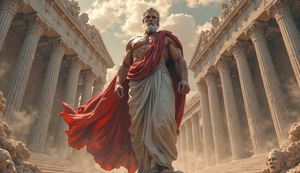 ((artwork)) ((body completo)) ((Full body inside the image)) ((30 year old man)) body: brownish skin, high, muscular, ((hairy chest)) ((platinum ruby hair)) male face, barbarian, pretty eyes, detailed eyes ((gold eyes)). Expression: seductive, sonrisa seductive. CLOTHES: Red Greek Cape, TOGA BLANCA, gold ornaments, greek prince ornaments. pose: dynamic. scene: greek temple, Greek columns. Decor: winter, Decor de winter brillante, wonderful lighting.