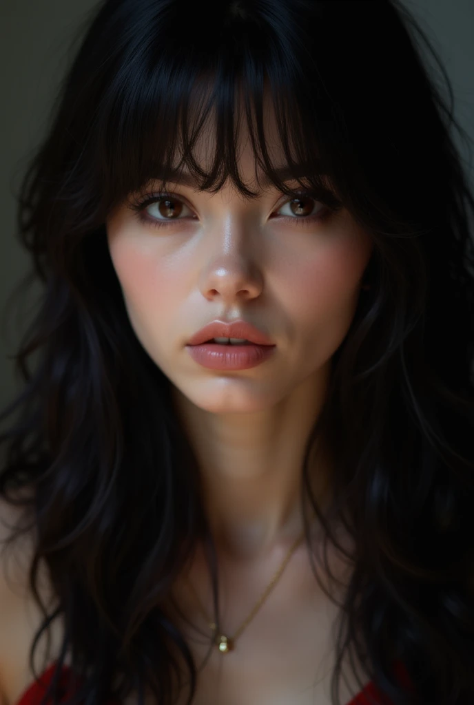 a 20 year old brunette girl, long wavy black hair with bangs, breasts big, hand exposed and extremely detailed, fully body, extremely high detailed skin, freckles on the face,