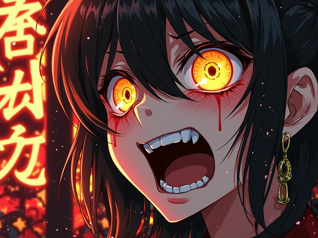 score_9, score_8_up, score_7_up, score_6_up,Madness,1girl,solo,looking at viewer,open mouth,bangs,yellow eyes,teeth,tears,eyelashes,glowing,heterochromia,portrait,light particles,close-up,eye focus