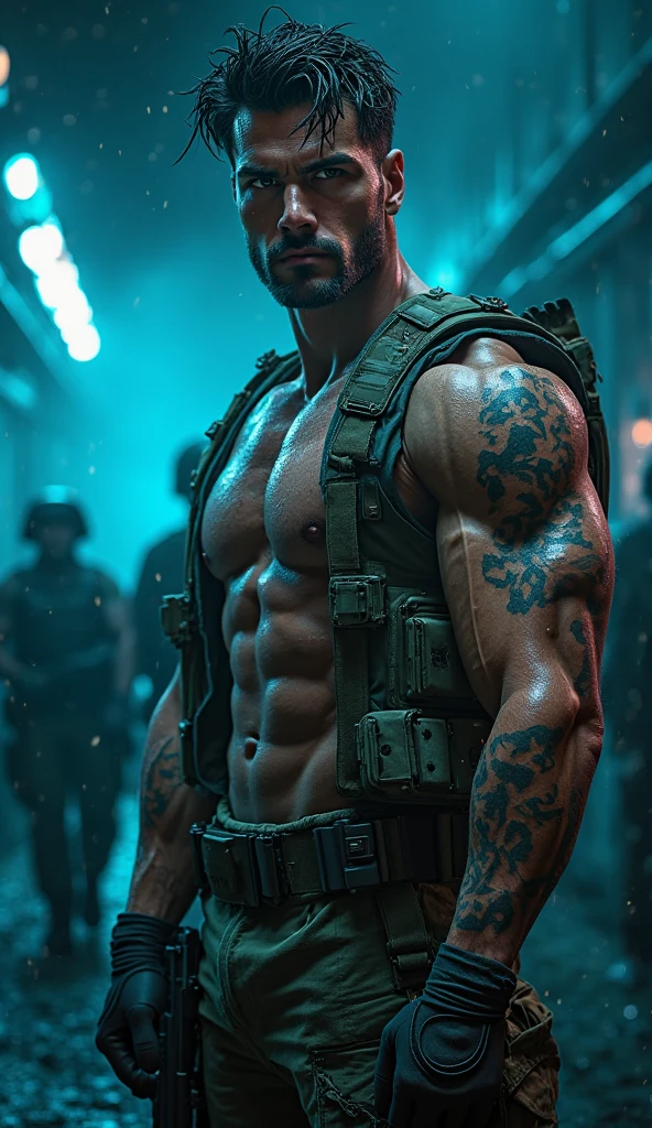 survival, foggy, a former navy man black with a singlet and a tattoo who has a secret and can reduce damage taken outside the safe zone, a shipwreck with enemies and weapons from Free Fire, 16k, gloomy