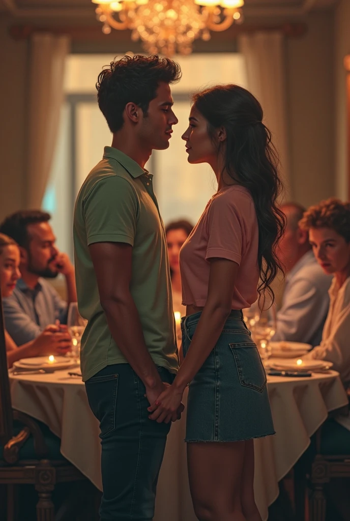 21 year old Indonesian woman in long white shirt with buttons unbuttoned black underwear, jeans shorts, white shoes standing hugging 22 year old man in black shirt, black baseball cap, beige shorts, black shoes inside Starbucks cafe at night. realistic image, 4K HDR quality, DSLR bokeh effect