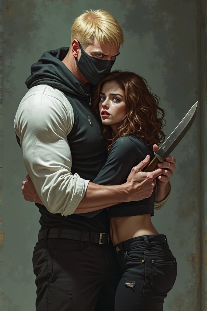 A muscular man called a. He is shirtless and barefoot. Another man called b. b wears a black suit. b is behind b wraps a's torso with his right arm. b puts his left hand over a's nose and mouth with a white folded cloth. a is asleep, with his hands down.