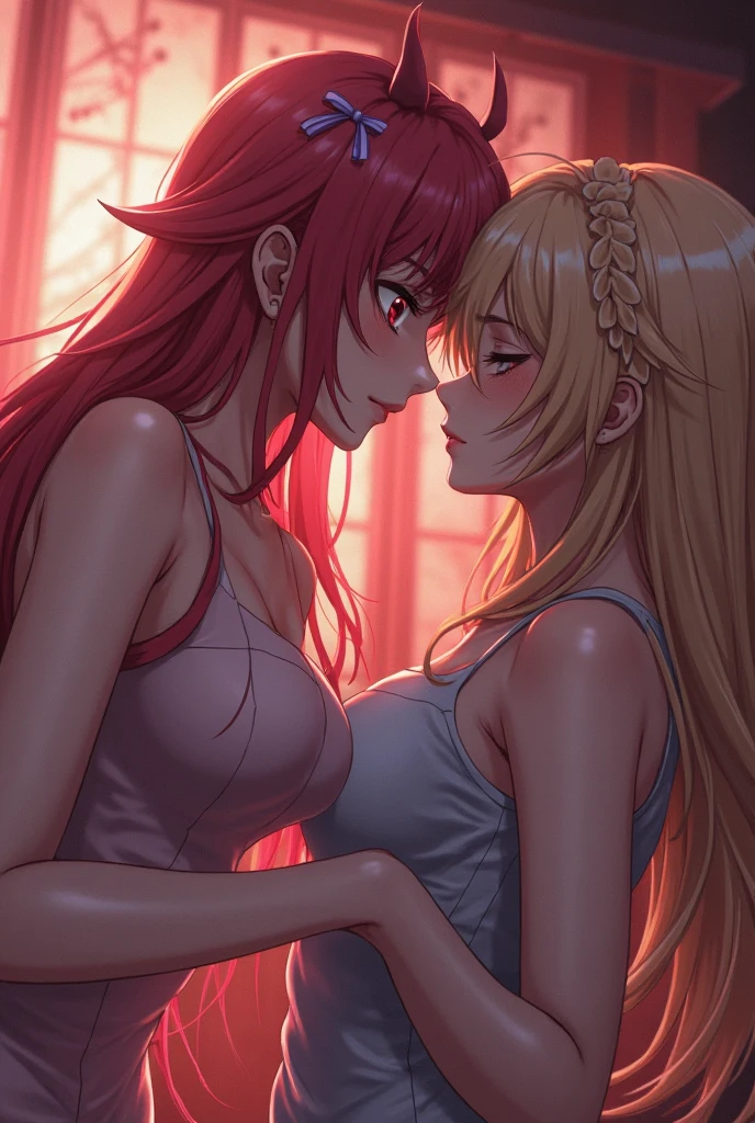 NSFW, Extra large breasts, Marin Kitagawa long blonde hair with red streaks with her lower half being Makima from Chainsaw man red hair orange spiral eyes, both girls blushing