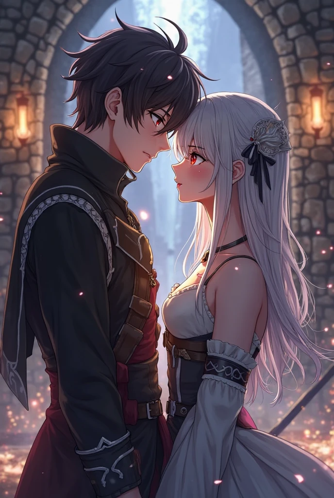 Angry couple, a man and a teenage girl are fighting each other. they wear fantasy outfits