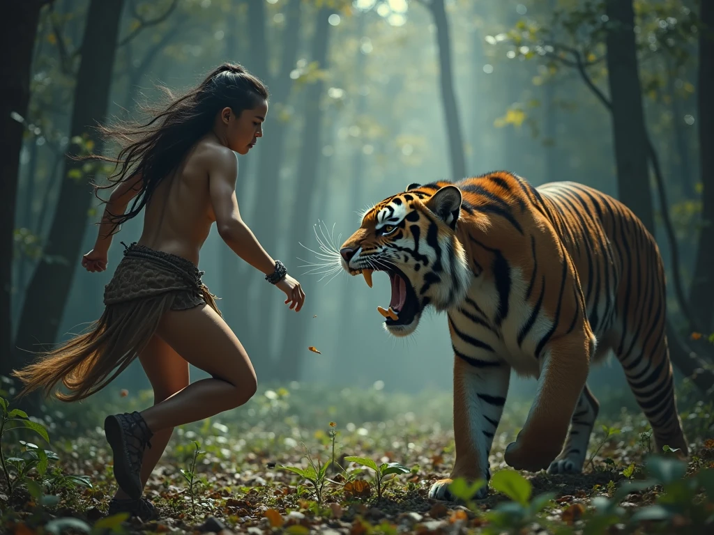 1 fit age borneo indigenous girl, (((slender abs:1.1))), wearing feather tribal head dress and hunting gears, standing hero pose naked with a large and angry siberian tiger, (((nsfw:1.5))), large breast, show girl genitalia, cover in battle scar, tribal tatoo, no dress upper and lower body, leg open wide to show vaginal and breast, hyper realistic, lifelike texture, dramatic lighting, Nikon RAW photo, 8k, Fujifilm XT3,CitrineDreamMix, masterpiece, best quality, realistic, (photorealistic:1.4), ultra detailed, full body visible, (extremely detailed CG unity 8k wallpaper,masterpiece, best quality, ultra-detailed),(best illumination, best shadow, an extremely delicate and beautiful), (powerful and feminine), (jungle setting, depth of field, sunshine through trees, leaves, greenery, spirit animals)