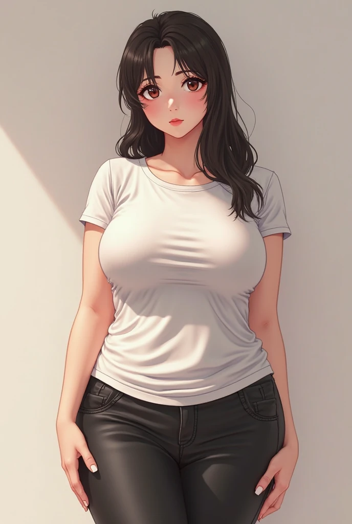 Detailed character sheet, Front view, Side view, Diagonal view, with a white returnground, show women, 21 years old, huge breasts, with short dark brown hair combed return, Wearing light casual clothing, Wearing tight denim jeans. The seat includes different angles, Front etc., return, and Side views, Model sheets and reference sheets, Full-body painting. Proportions are based on a 7.5 head scale.