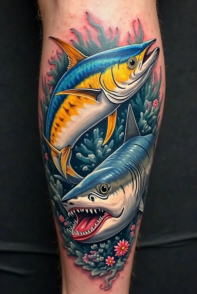 Arafed, a picture of a ((shark tattoo: 1.5)) on the back of a female elf, of glowing tattoo of a ((blue shark: 1.3)) the shark tattoo is vivid, intricate detailed coming to life rising from the ink to real life, , AlchemyPunkAI, shoot taken from the back, ((the back is visible: 1.3), she wears a transparent dress that the tattoos glow,