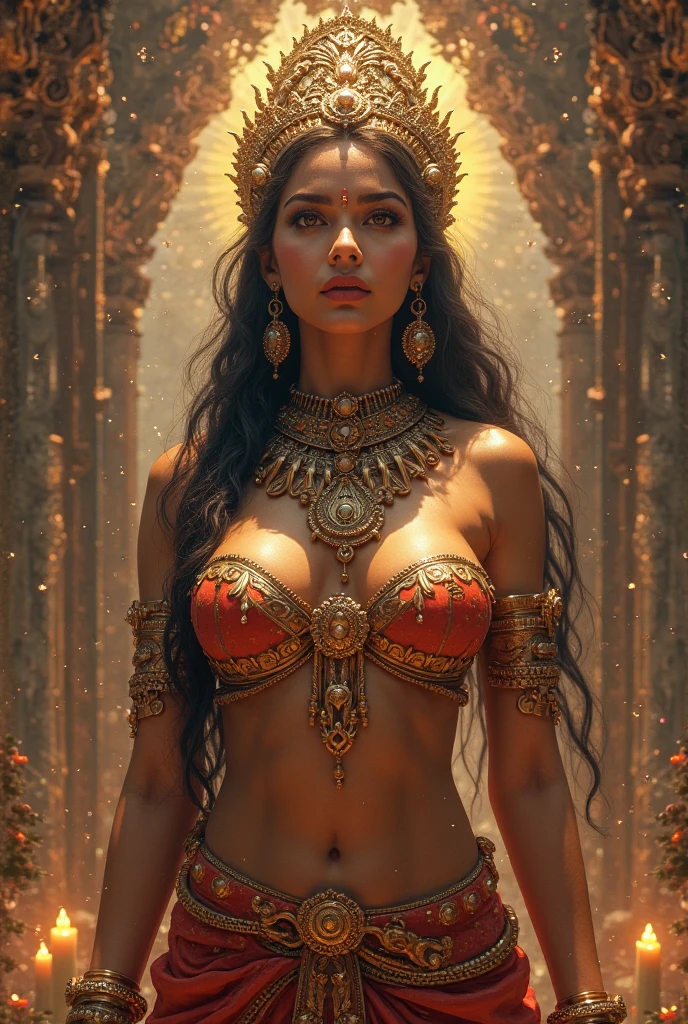 Hindu goddess Parvati sitting in temple Gym milfy Body 36DD 30 36 Figure 32 year old holding trident temple walls in background wearing hot and sexy orange micro bikini moaning expression wearing crown hindu necklace bangles anklets kamarband face of Sunny leone