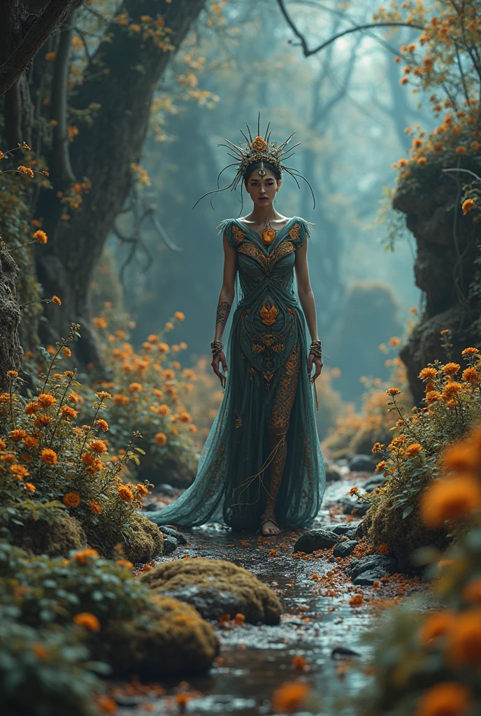 Fancy figurine, created from carefully collected autumn leaves, dances gracefully on the edge of a moss-covered terracotta pot. In the background - thick, bright forest, through the crowns of which dappled sunlight breaks through, creating intricate shadows. The scene has an ephemeral aesthetic with warm, earthy shades of sienna, umber and olive green, complemented by hints of emerald and golden light, causing a feeling of admiration and fascination, like from a fantasy world.