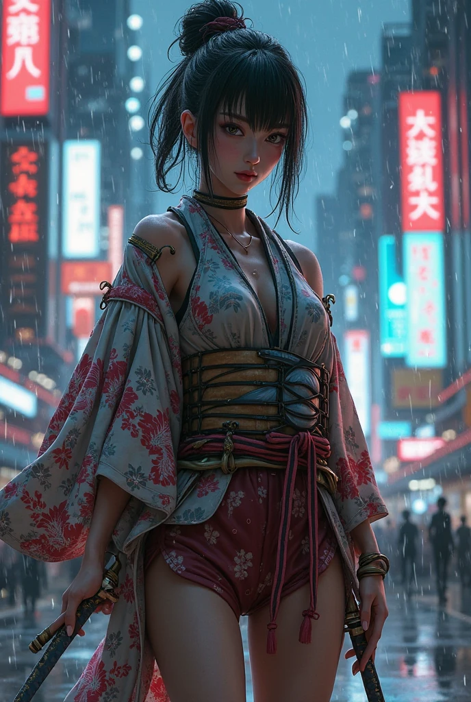 masterpiece, highest quality, Cyberpunk Girls,Wearing a Japan kimono,The pink color stands out,Bold colors and patterns, eye-catching accessories, Trendy and innovative hairstyles, bright makeup, Cyberpunk dazzling cityscape, Skyscraper, neon sign, led lights, Bright and vivid color scheme, anime, shape, Fine skin texture, fine cloth texture, intricate details, Super detailed,Low - Angle, whole body, Vision(look away:1.4)