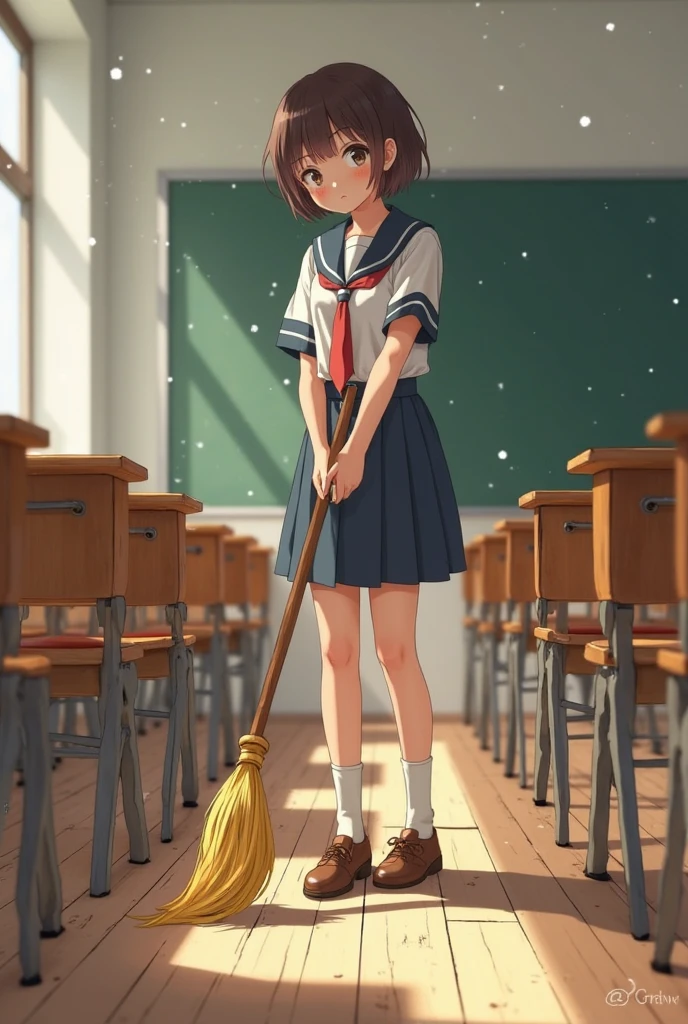 a highschool girl sweeping the floor by her own