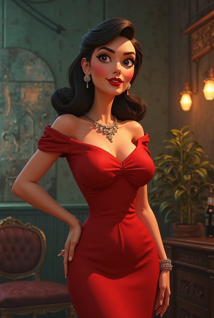 Uma mulher linda, cabelo liso preto longo, illuminated by the light of a lamp, usando um vestido de gala vermelho, em frente ao espelho.