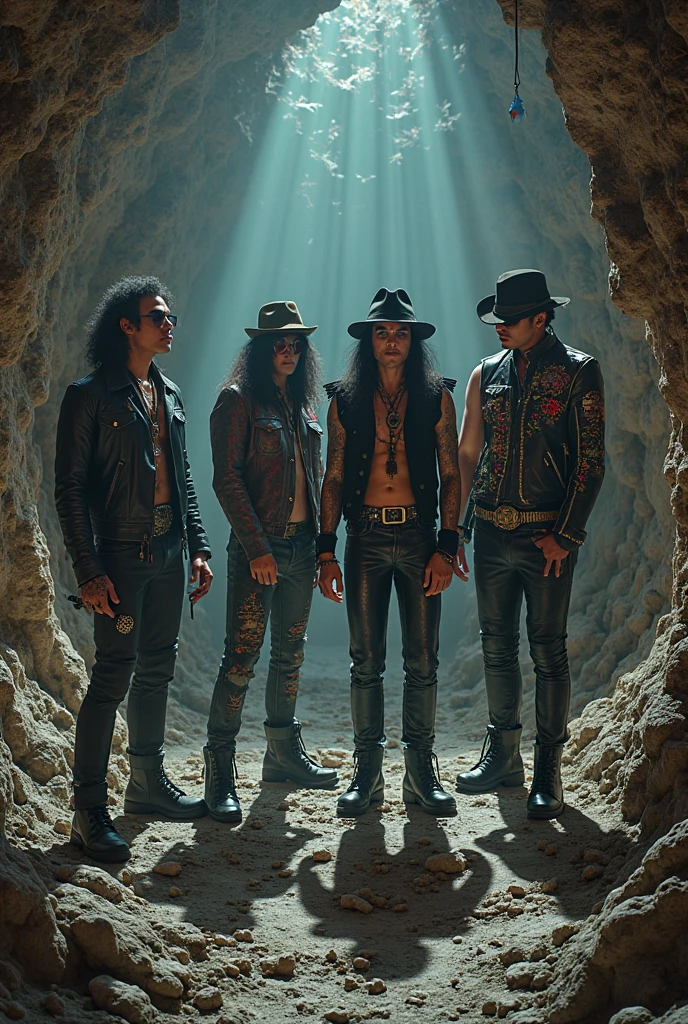 high-quality photo featuring Kirk Hammett, Lars Ulrich, Robert Trujillo and James Hetfield from Metallica with one hot girlstanding in a field. Each farmer should have a rugged, rock-and-roll appearance, with details like tattoos, leather gloves, and Metallica bandanas. Beside them, a stunning brunette woman poses confidently. She should be wearing a stylish yet casual outfit that complements the farmers, with her entire body visible in the shot. The background should be a some pub with beers