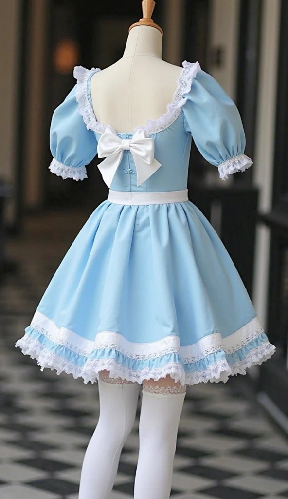 Alafed woman in white dress and black shoes poses for photo, angelic pretty, Lolita style, loli in dress, by Ayami Kojima, white monochrome color!!!!!, Cute dress, pale-blue, White Dress!! of silver hair, Lolita Fashion, maid dress, white and pale blue, Kawaii Style, cosplay of a catboy! maid! Dress、White short ankle-length socks
