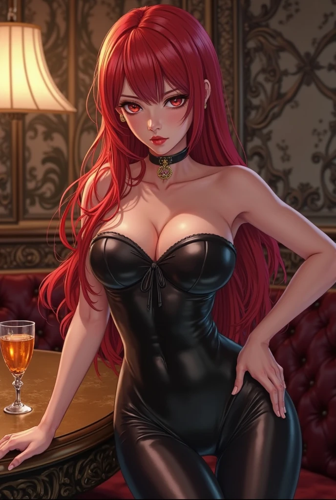 Hot rich redhead vampire anime girl sitting and holding a glass of wine in short clothes with a naughty face