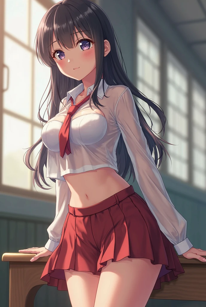 Sayuogi Wara, Sayu Ogiwara, Brown hair, (Brown eyes:1.5), Medium Hair,Take off your uniform, Bow, Red bow, Long sleeves, Shirt, Collared shirt, White shirt, Skirt, Pleated skirt, Black skirt, Naughty big、large full breasts、BREAK looking at viewer, Break indoors, crass room,BREAK (masutepiece:1.2), Best Quality, High resolution, Unity 8k壁纸, (Illustration:0.8), (Beautiful detailed eyes:1.6), extra detailed face, Perfect Lighting, extremely details CG, (Perfect hands, Perfect Anatomy),A smile、(Skirt lift:1.3), (white panties:1.3)、(Skirt that rolls up:1.3)、(Fully exposed panties:1.5)、