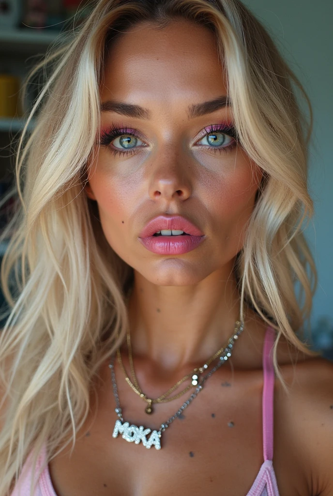 Naked Girls age of 25 blond hairs with pink glitter background