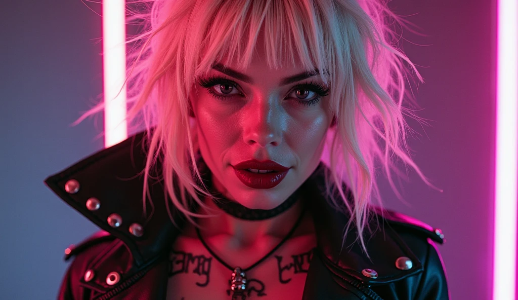 profile portrait of Liv Morgan, WWE supermodel, dark blush tones, bold makeup, sleek black hair, dramatic lighting, high-fashion photography, Victoria's Secret inspired, lace lingerie, leather jacket, edgy attitude, mysterious background, glamorous pose, bold red lips
