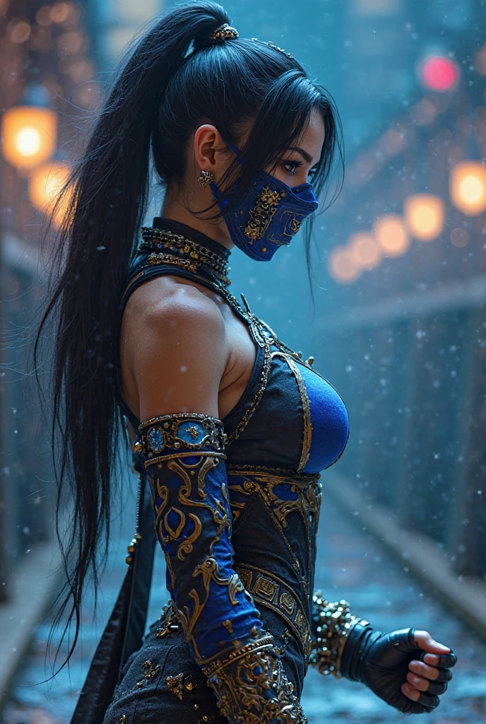 (exquisitely detailed CG unity 8k wallpaper, masterpiece-quality with stunning realism), (best illumination, best shadow), (best quality), (elegant style:1.2), Arti modern anime. angled view, heroic pose, midshot, (cel-shading style:1.3), centered image, ultra detailed closeup portrait of kitana, best quality, expressive eyes, perfect face, highres, (ultra details), 1 girl, solo, braid, thighhighs, hair ornament, eyeshadow, mask, gold and blue armor, highly ornamented, shoulder armor, elbow gloves, at a japanese temple, portrait, looking at the viewer, piercing eyes, full body, leaning forward, resting, ready to fight, fighting pose, (night time:1), (holding a japanese war fan:1) piercing eyes, action fight scene, strike, staring, piercing eyes, night time