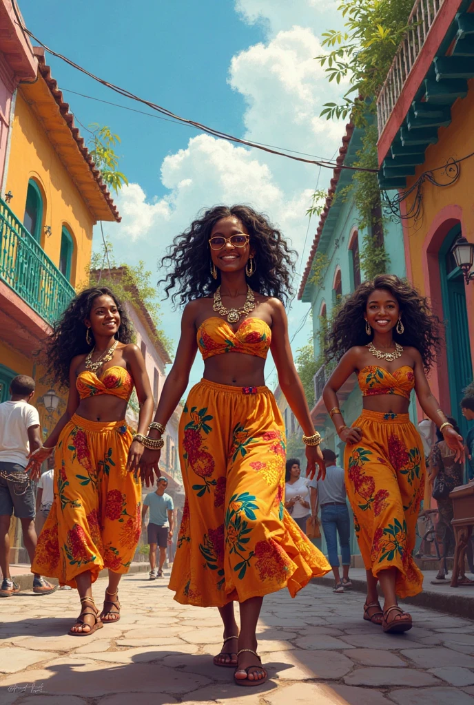 Imagine a stunning 23-year-old digital influencer with a radiant smile, brown skin, and captivating green eyes. She rocks vibrant peach curly hair, complemented by makeup that perfectly matches the color palette. Adorned with maxi earrings, she exudes confidence in a high-end fashion ensemble, strolling through the vibrant streets of the city of Rio de Janeiro.