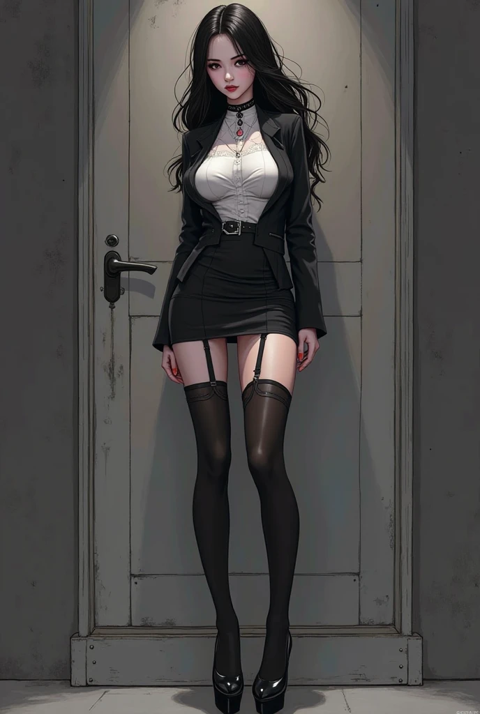 A very sexy ecchi big bust anime girl with high platform heels and long legs. Very girly spy, sultry and sharp dress. Very stiff and straight pose. Looking shocked with the mouth open and open eyes