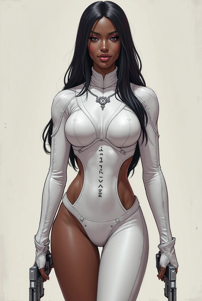 1girl, closup face of a black woman, standing, inside a dark room, dark wall in background, detailed Cornrow Braids long hair, small tits, no expresions, wearing a white swim suit with high neck, white long gloves, long white leather boots, comic book style, flat shaded, prominent comic book outline linework