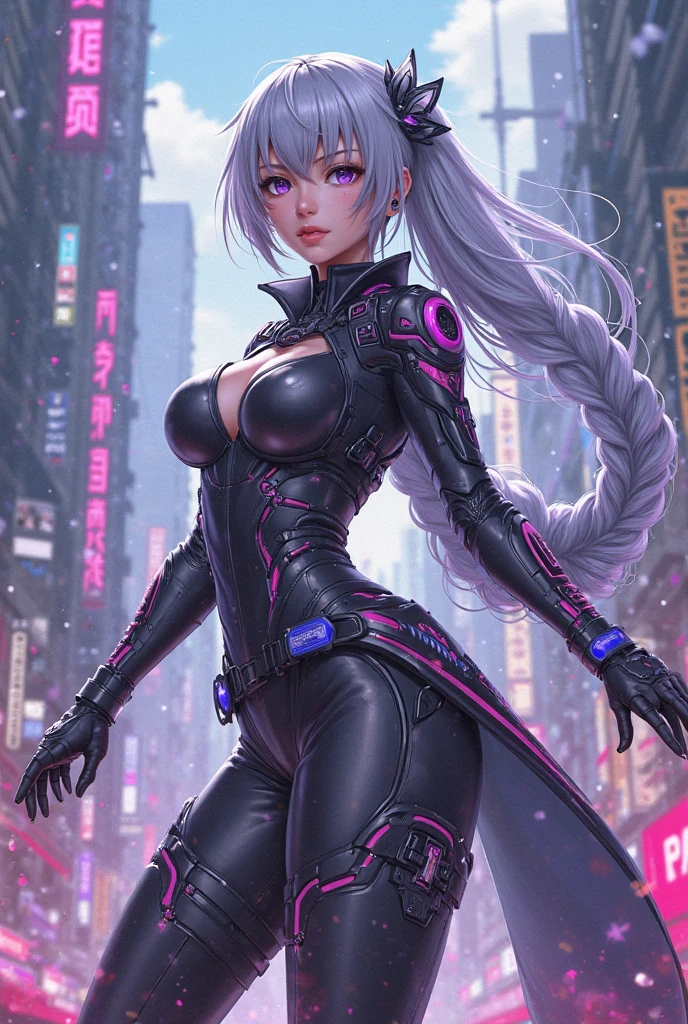 (sexy, silvered haired hair dragongirl:1.1), (cyberpunk, futuristic) girl with striking silver hair in a sleek and edgy cyberpunk world, (detailed, expressive) eyes glowing with a mysterious allure and (lips:1.1) painted in a vibrant shade of red, (reflected in neon-lit streets) as she confidently struts her way through the futuristic cityscape. She wears a (form-fitting black leather) outfit with (luminescent circuit patterns) that accentuate her sleek and powerful figure. Her hair flows in a wild and untamed manner, reminiscent of fiery dragon scales. The (urban setting:1.1) is filled with towering skyscrapers adorned with holographic billboards and (futuristic vehicles) zooming past, emitting trails of vibrant lights. The city is bathed in a mixture of (deep blue and purple hues), adding a sense of mystery and allure to the scene. (Best quality, 4k, highres:1.2), with (ultra-detailed:1.1) attention to every aspect, capturing the intricate details of the cybernetic enhancements on the girl's body, the reflection of lights on her metallic outfit, and the gritty texture of the urban environment. The scene is illuminated by a combination of (harsh neon lights) and (subtle moonlight), creating a play of shadows and highlights that enhance the cyberpunk atmosphere, leather bikini