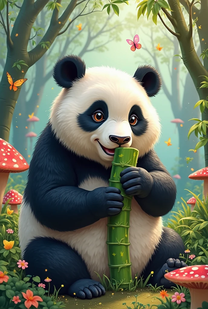 Giant panda eating bamboo in a colorful cartoon style forest - SeaArt AI