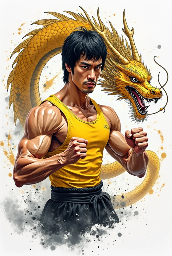 an Asian man standing half body, face facing the camera. with a graphic background depicting a dragon and a tiger. The person appears to be in a fighting position, the person is wearing a cream sleeveless shirt and is posing as if he is preparing to fight.  The background of the yin and yang symbol features a dragon with intricate scale details, while the tiger has contrasting black and white stripes.  There is also Japanese kanji text scattered around the background.