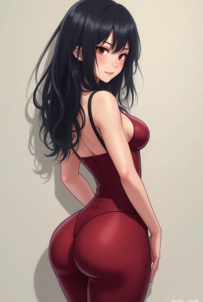 "Extremely detailed CG Unity 8K wallpapers , Seika Ijichi,photograph from behind, tight dress, focus on ass, masterpiece,outdoors,charming,best picture quality,Volumetric light,Black hair,Face turned red,Smile,Off the shoulder dress,Bangs cover one eye,looking at camera