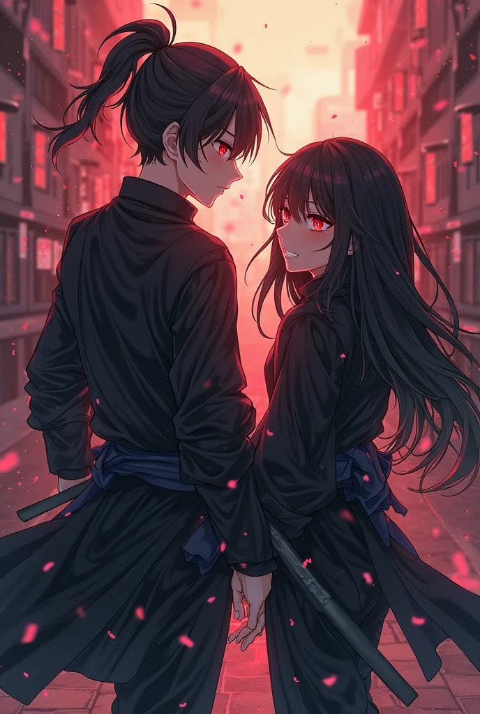 a ninja boy with a katana. He has a brown hair. BBlack and wwhite ninja outfit. A japanese girl. Her mouth covered in blood and her one eye's brown and another is purple. She has a mid length hair ponytail. Both are japanese.