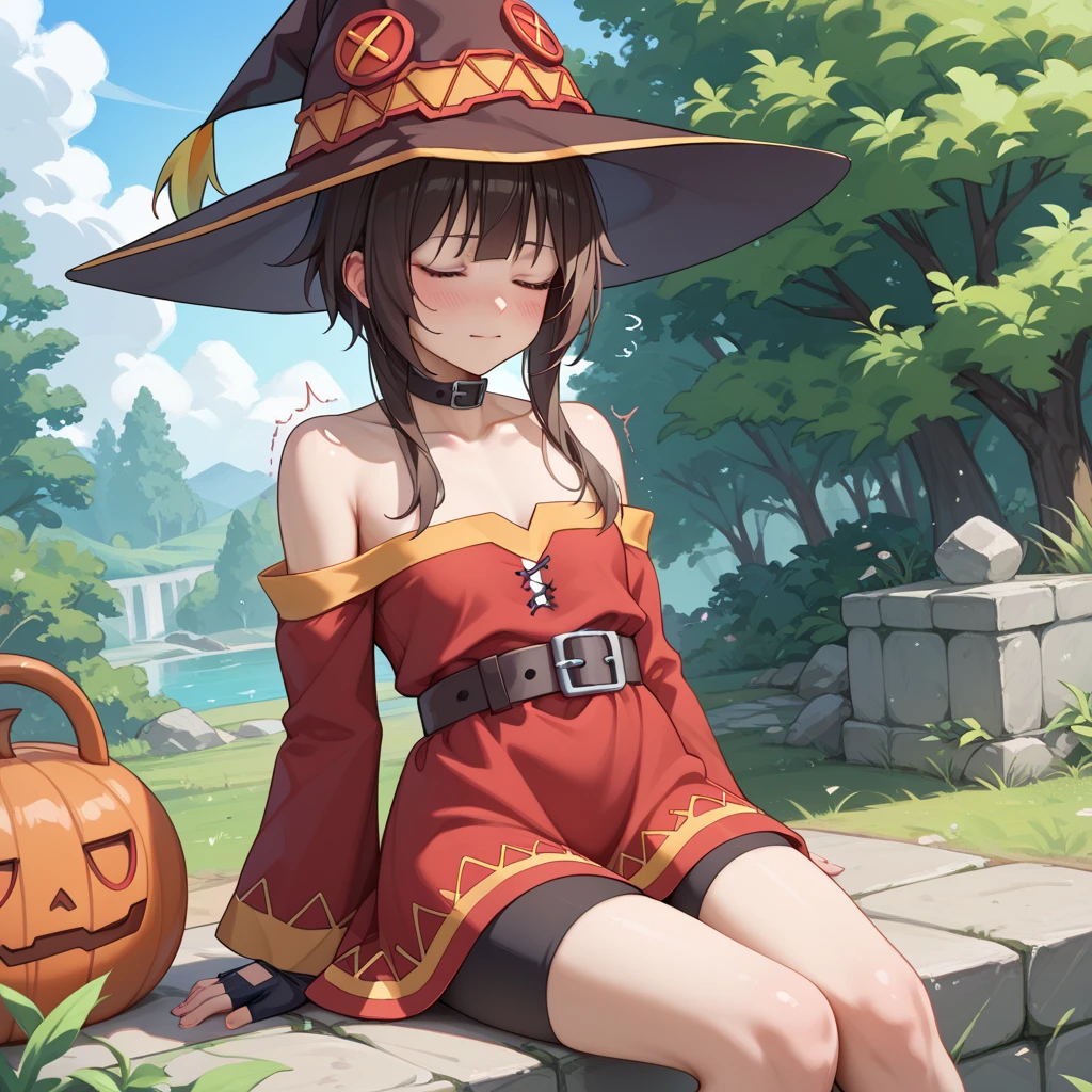 HDR, 8K, 4K, masterpiece, beatiful quality, 1girl, red eyes, solo, brown hair, short hair with long locks, bangs, hat, witch hat, collarbone, cape, black gloves, collar, small breasts, Megumin, megumin's style, Megumin,megumin's style, cape, hat, green field, torn clothes, laying down on grass, embarrassed, upskirt, nipple slip