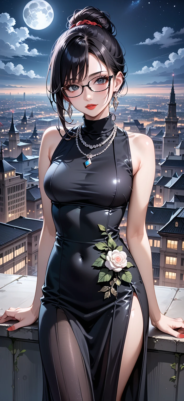 vampire,(night),blood,victorian,dress,artificial light,lamppost,docks,cleavage,hand on face,fangs,licking,freckles,bridge,body freckles,looking at viewer