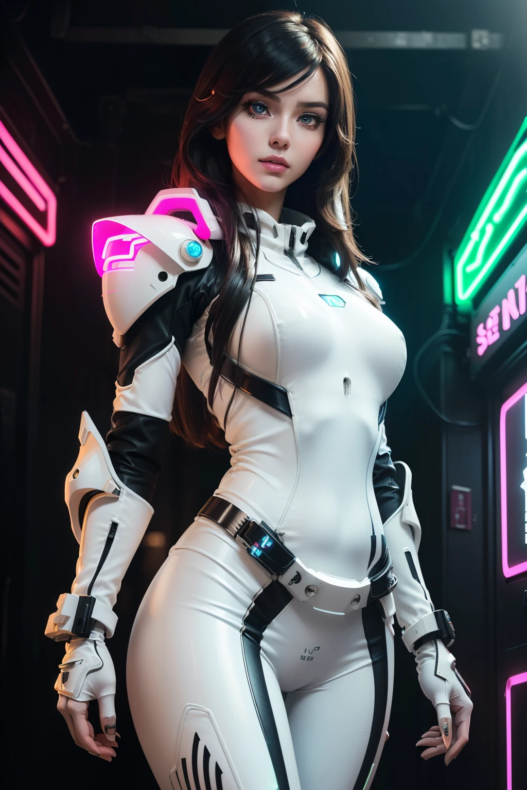 Beautiful cyber girl in underwear looking at camera、A realistic masterpiece with attention to detail in every muscle.,Active Pause、Action pose、LED Light、Gold Parts、bangs、Long Hair、Back view、back、black and white