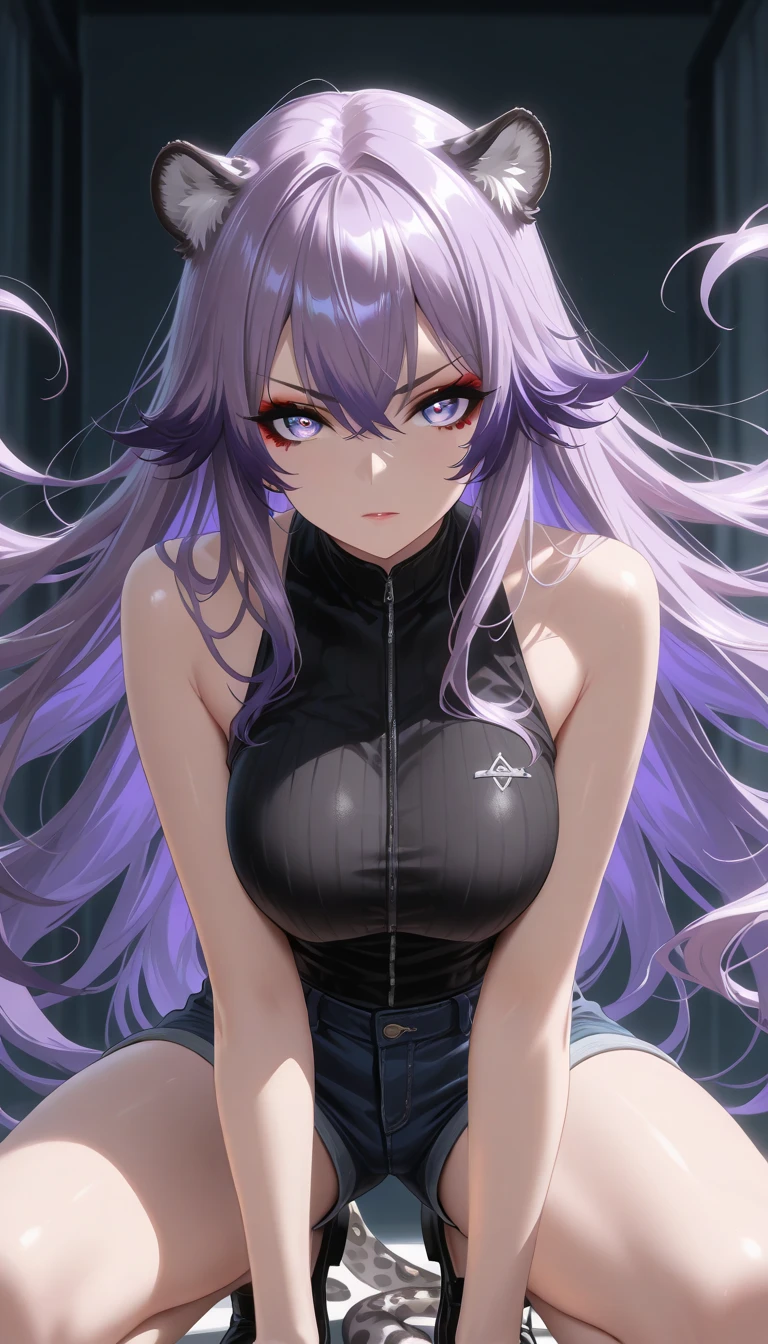 a beautiful young woman with light purple hair, long slightly waved and combed to one side, purple eyes, sharp eyes, eyeliner, pretty smile, pale skin, extremely beautiful, kind, sweet, White, black jacket, black cargo pants, anime realism style, portraits, vibrant lighting, color palette: light purple and black, (best quality, 4k, 8k, highres, masterpiece:1.2), ultra-detailed, realistic:1.37